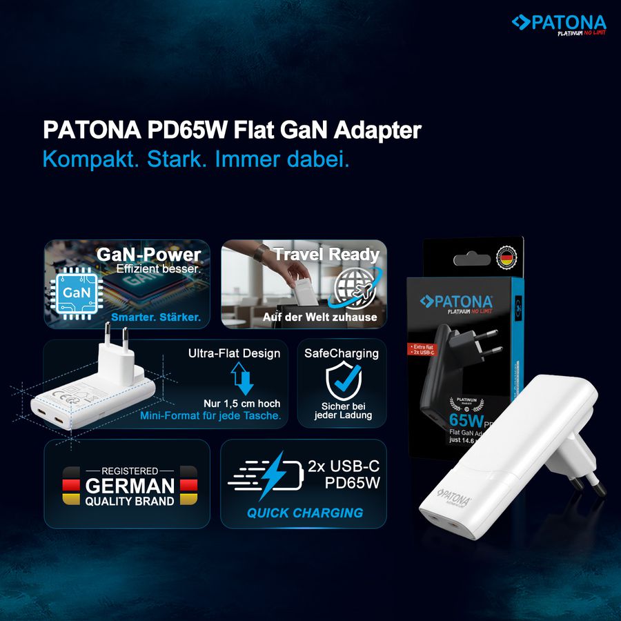 Patona GaN Flat PD 65W 2x USB-C Black