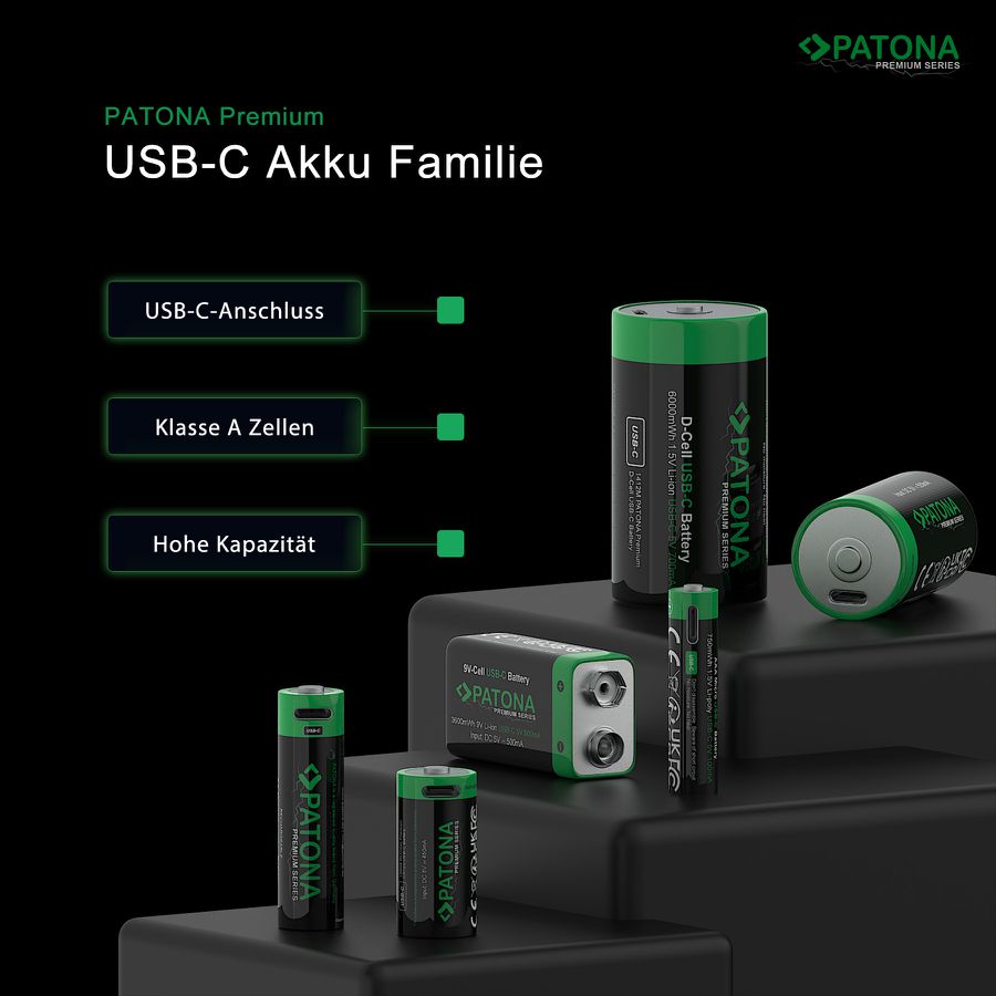Patona Premium Akku 2x 9V 6LR61 USB-C