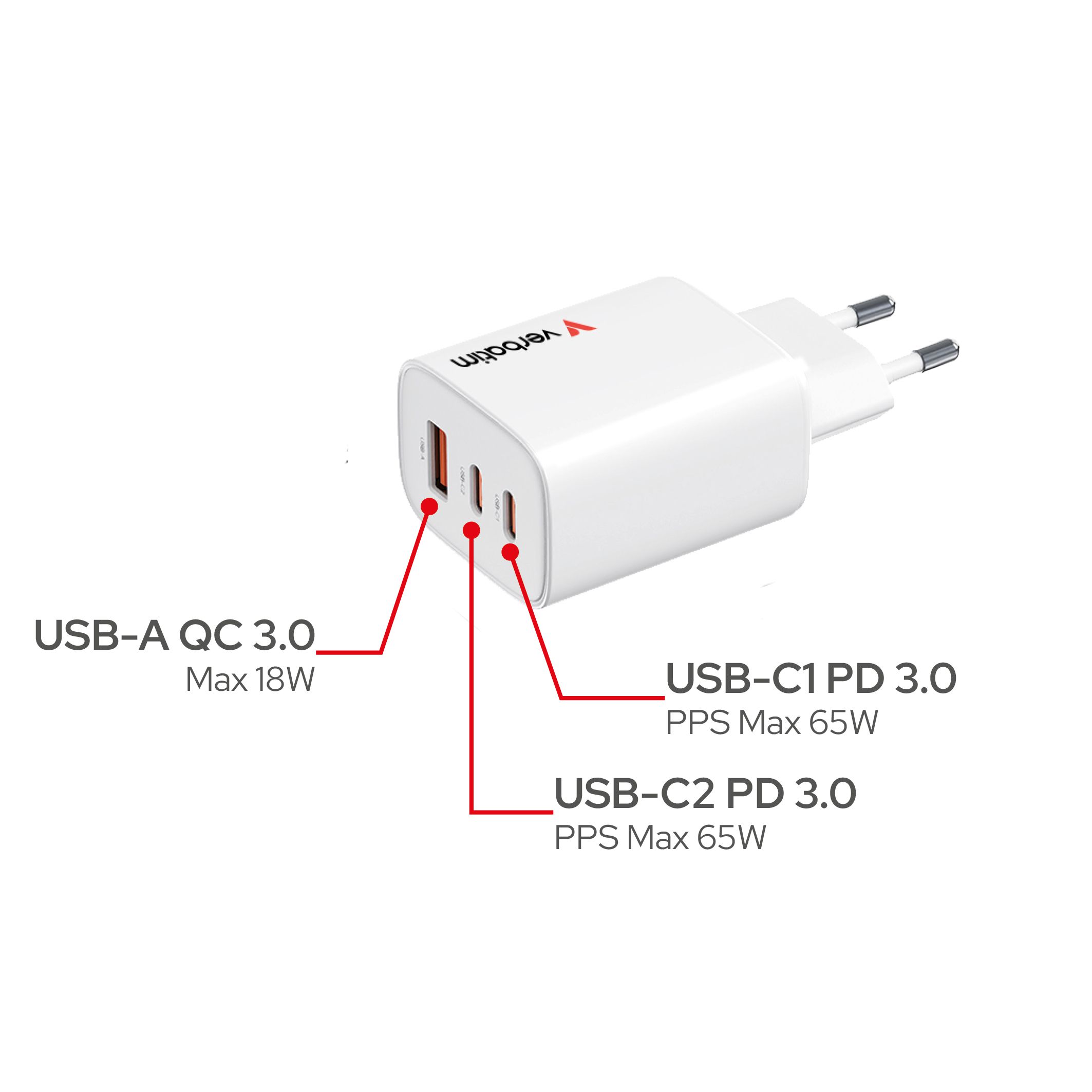 Verbatim GaN 3 Port Charger 65W White