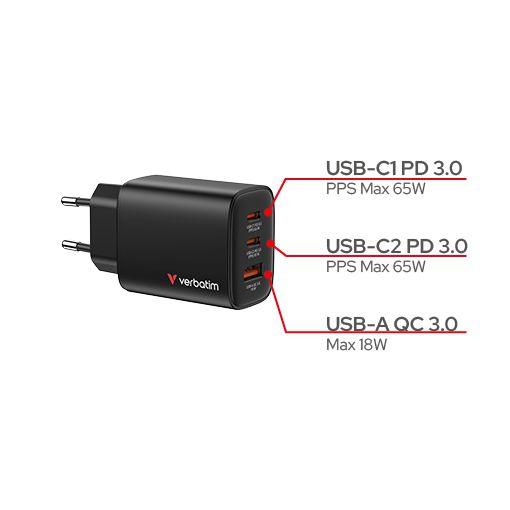 Verbatim GaN 3 Port Charger 65W Black