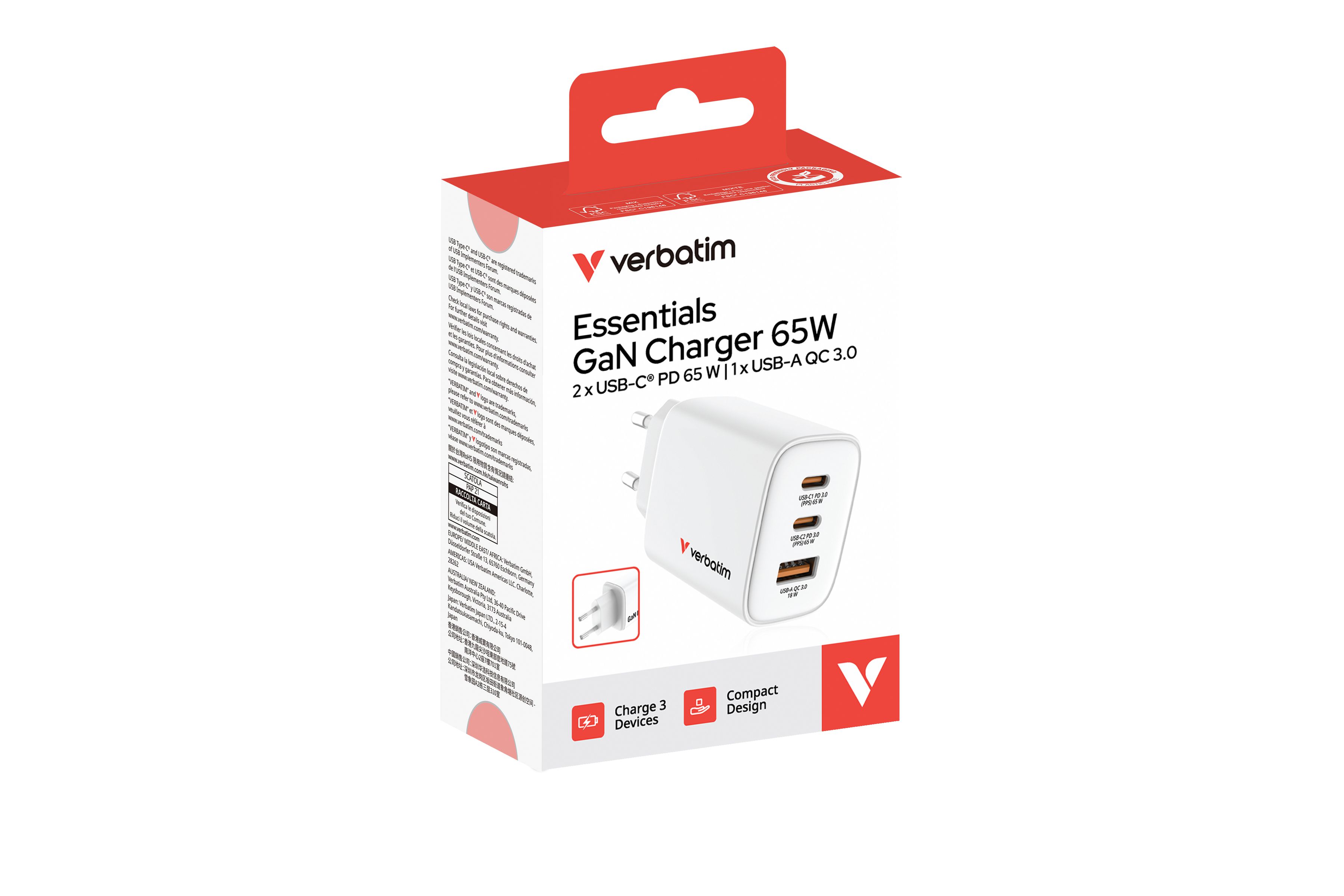 Verbatim GaN 3 Port Charger 65W White