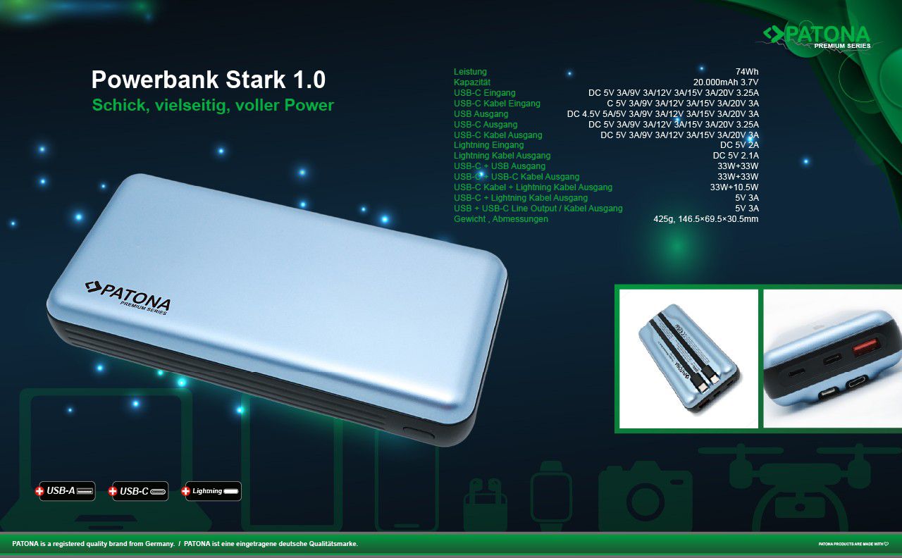Patona Powerbank USB-C/ Ligh. 65W 20000