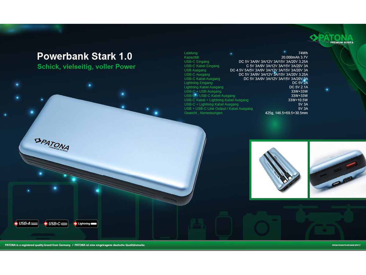 Patona Powerbank USB-C/ Ligh. 65W 20000