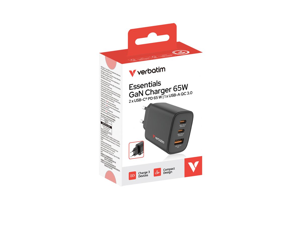 Verbatim GaN 3 Port Charger 65W Black