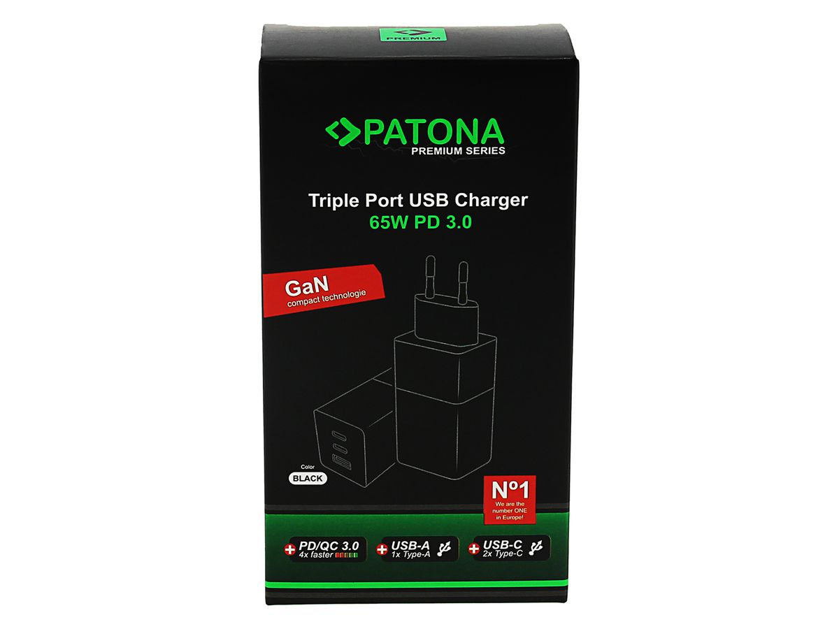 Patona GaN PD 65W 2xUSB-C + USB-A Black