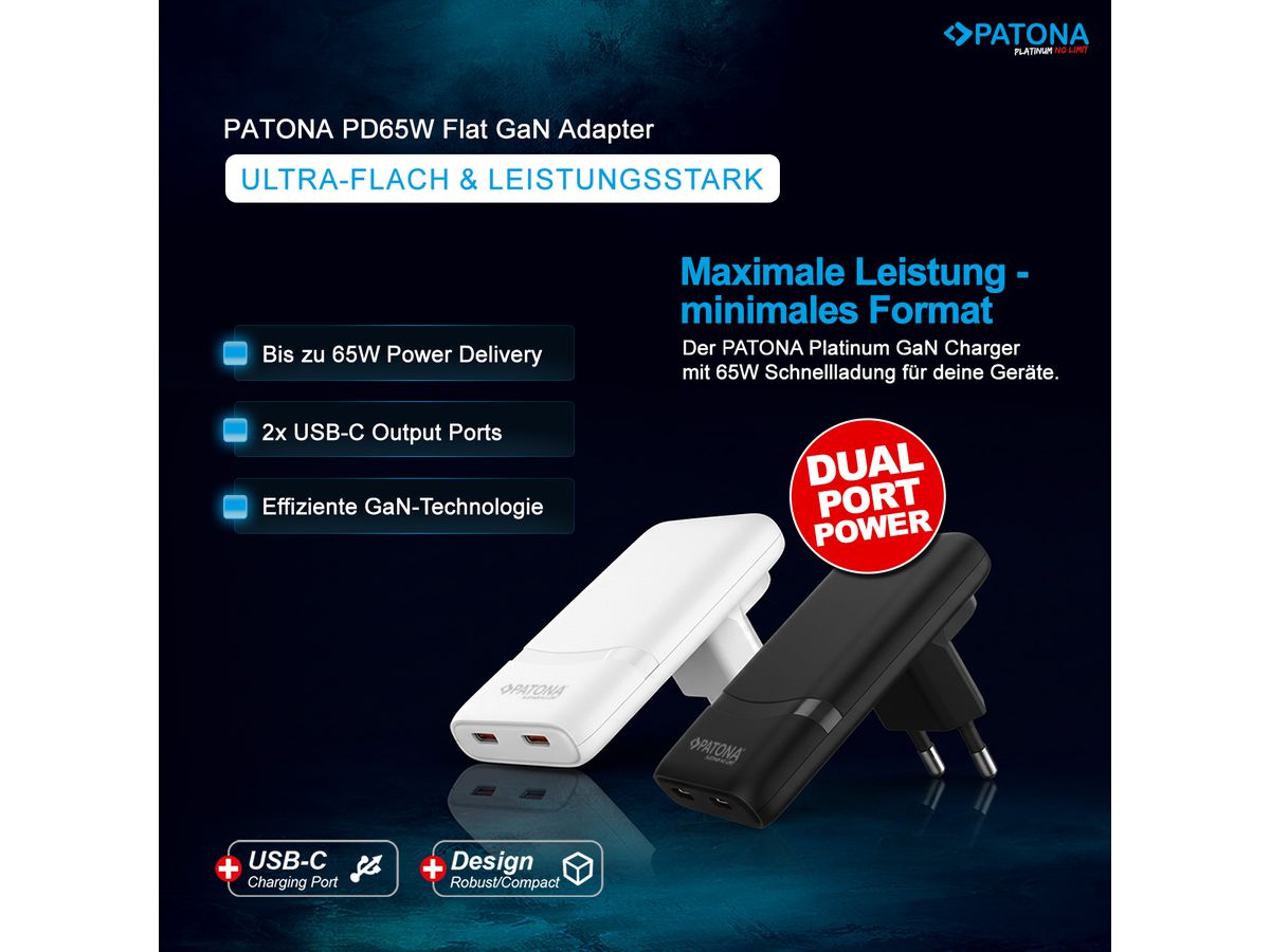 Patona GaN Flat PD 65W 2x USB-C White