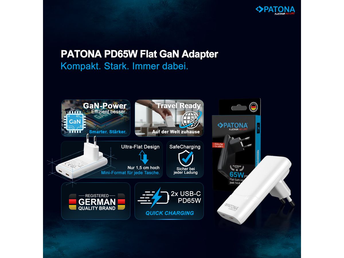 Patona GaN Flat PD 65W 2x USB-C Black