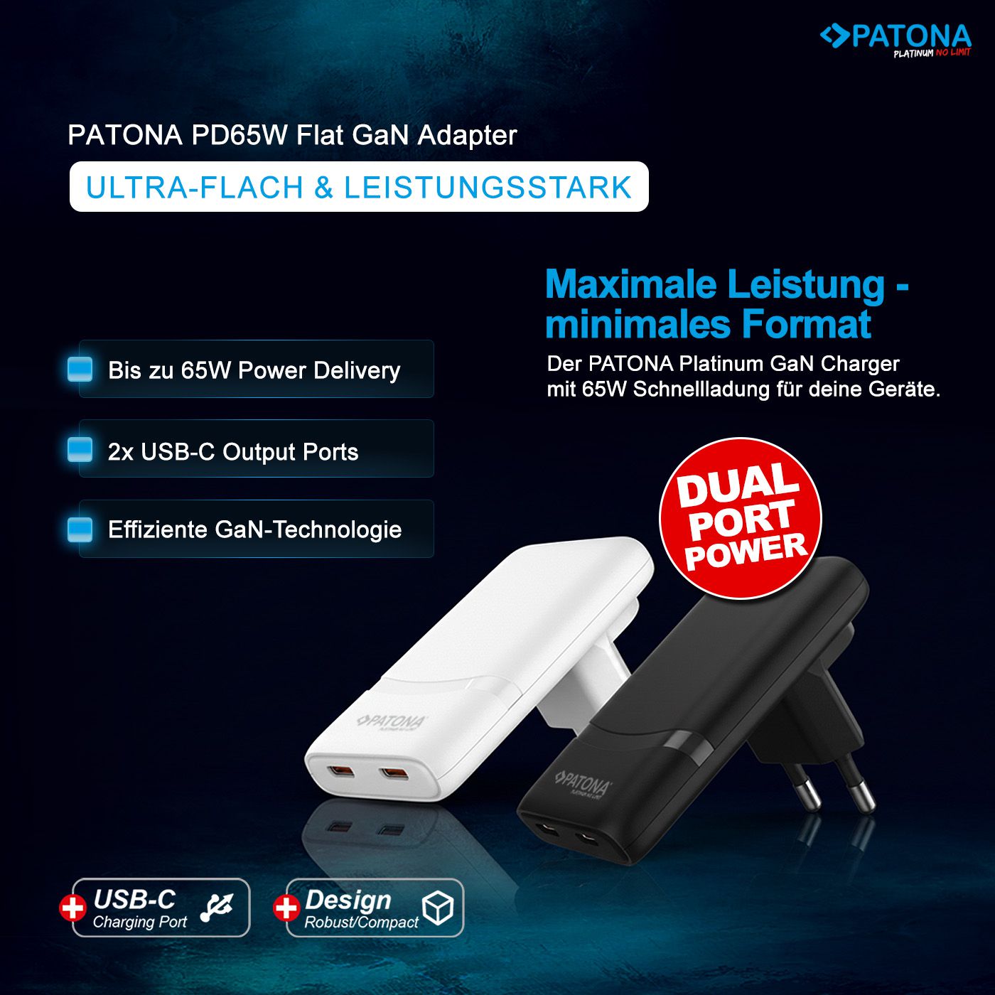 Patona GaN Flat PD 65W 2x USB-C White