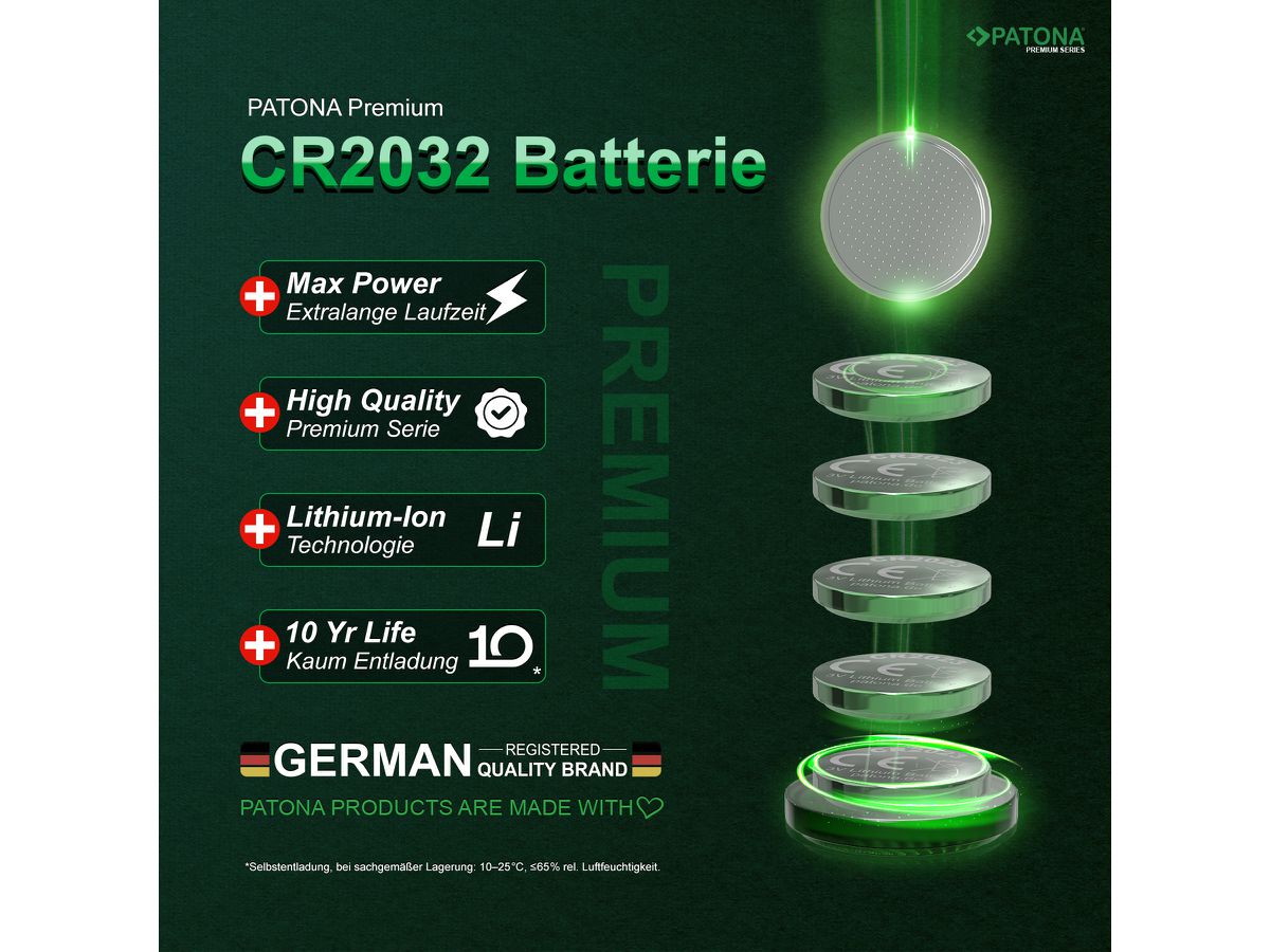 Patona 10 Stück CR2032 Alkaline Batterie