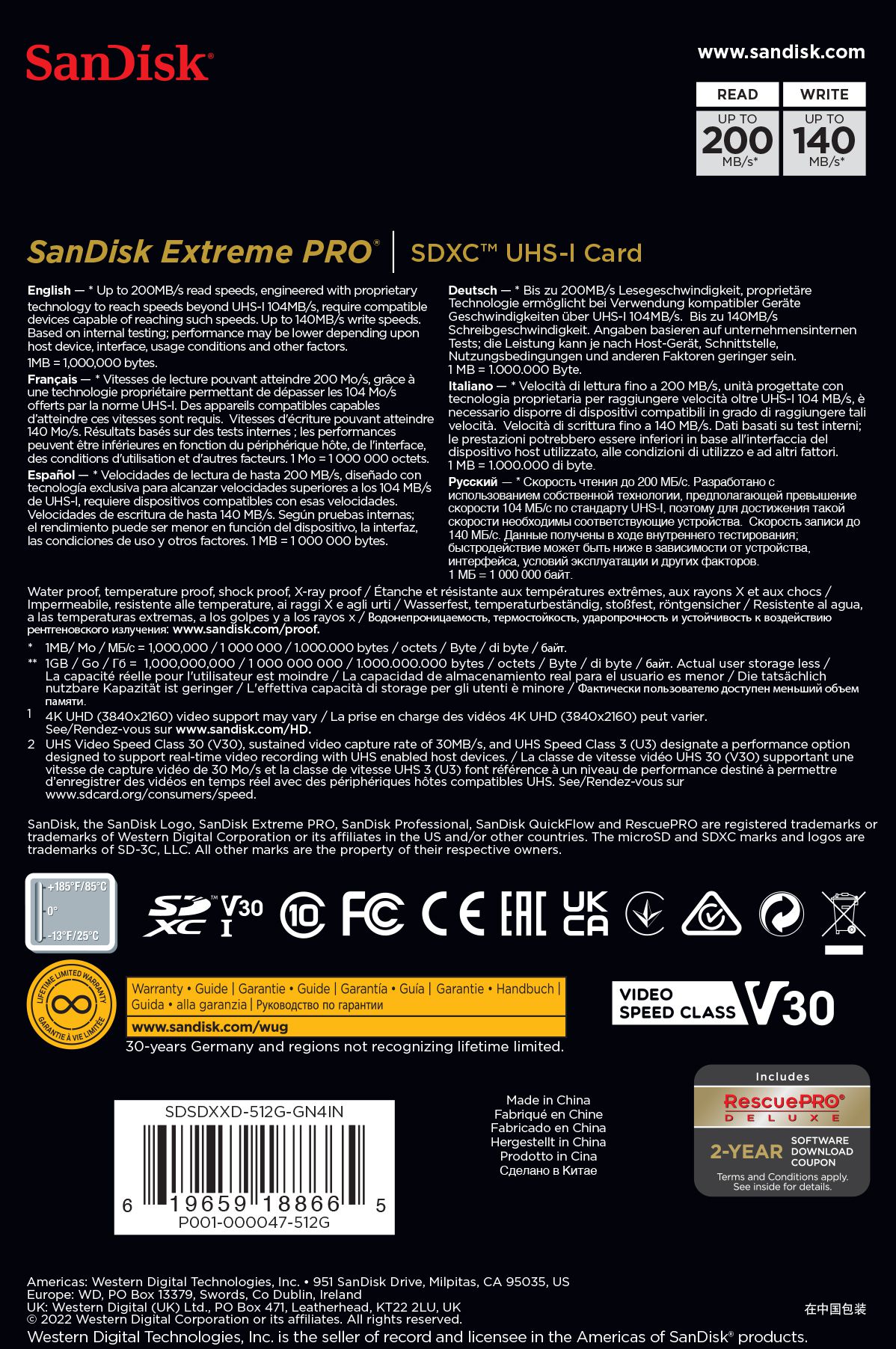 SanDisk Extreme Pro 200MB/s SDXC 512GB
